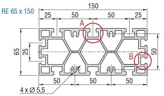 RE65x150 Table Plate Extrusion Dimensions